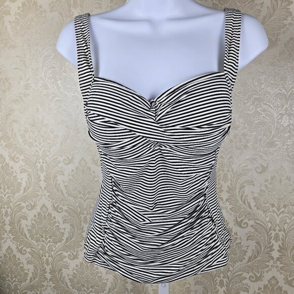 Nip Tuck Swim Sz 6 Tankini Top Black White Horizontal Stripes Ruching Adj Straps - Picture 1 of 10
